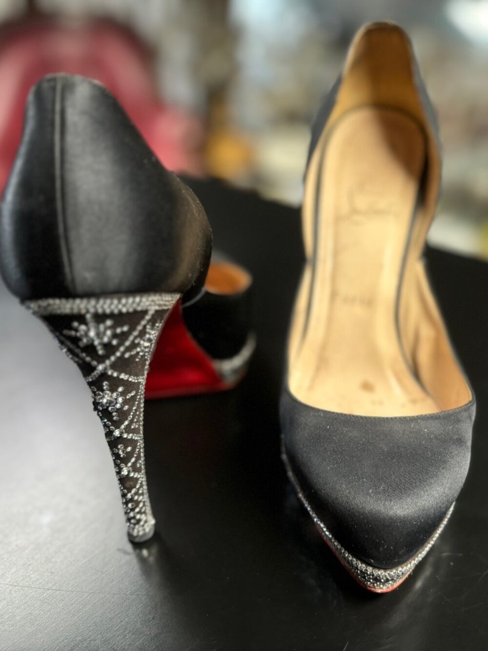 Christian Louboutin Eugenie satin pumps with Swarovski Crystals on trim and heel